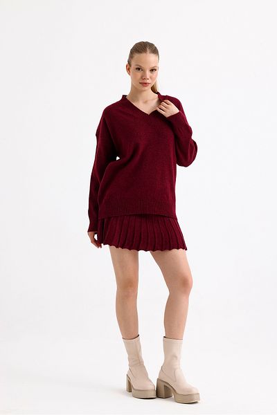 Sina Triko Burgundy Pleated Mini Skirt V Neck Pullover Bottom Top Knitwear Set