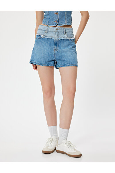 Koton Mini Kot Şort Düğmeli Renk Bloklu Cepli Rahat Kesim