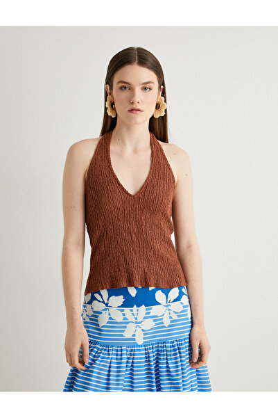 Koton U Collar Crop Tank Top - Halter Neck Textured