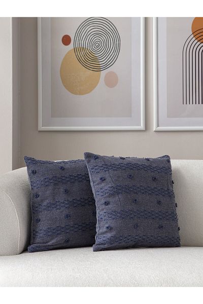 dekomall home & living Set de 2 țesute cu perforare boemă albastră - Husă de pernă cu detaliu cu buline