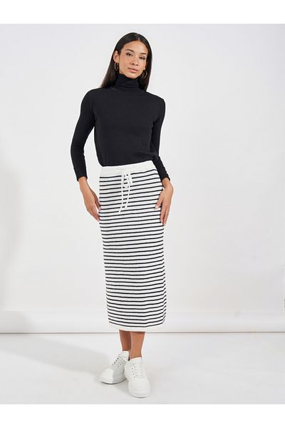 Styli Striped Knit Midi Skirt with Drawstring