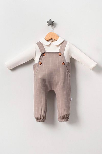 TRENDİMİZBİR Beige Colored Baby Boy Plaid Woven Salopet