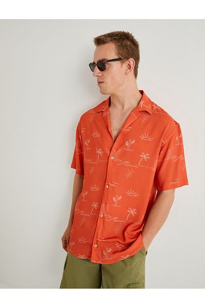 Koton Hawaii-Hemd, kurzärmelig, gemustert, Knopfkragen, detaillierte Viskose, normale Passform