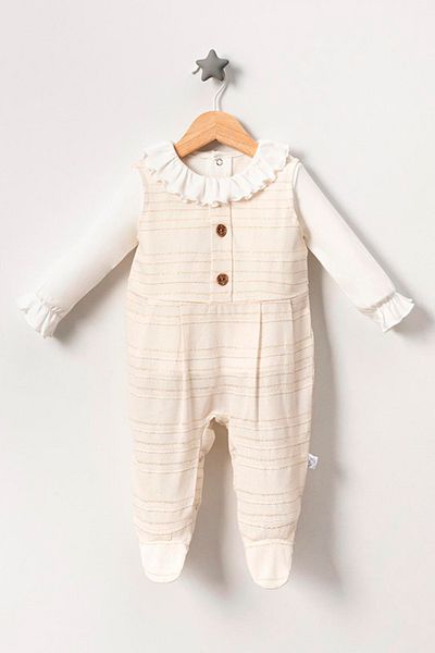 TRENDİMİZBİR Fancy Girl Cream Color Ruffled Sleeves and Buttoned Slippers for Baby Girl
