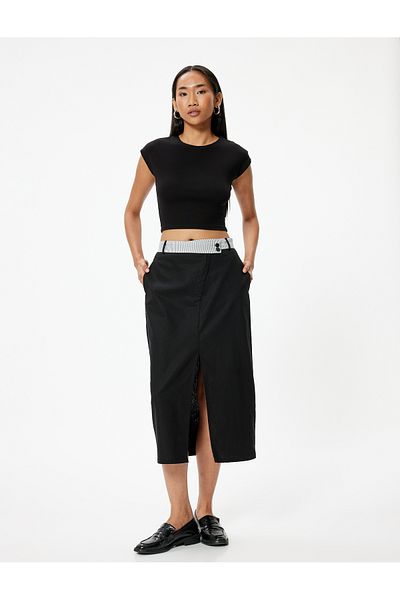 Koton Linen Slim Fit Pencil Skirt - Front Slit and Waist Contrast Detail