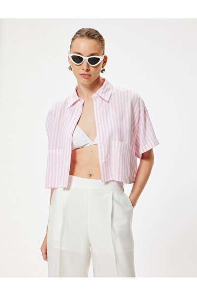 Koton Crop Keten Gömlek Kısa Kollu Cep Detaylı Rahat Kalıp