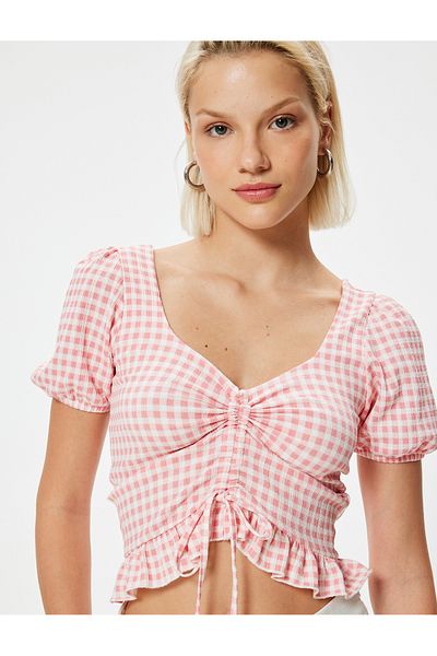 Koton Gingham Peplum póló Crop Bow részletes fodros karcsú szabás