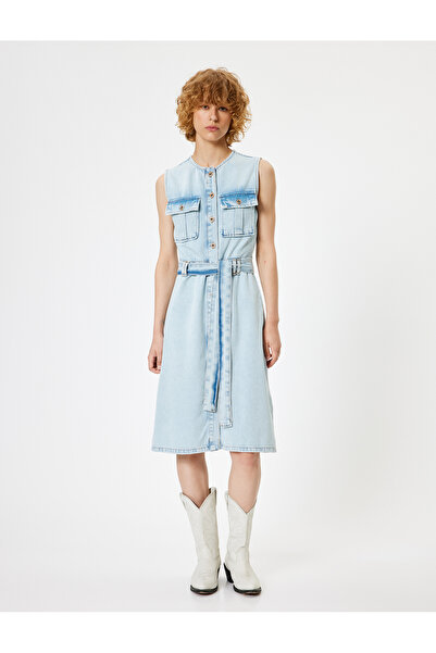 Koton Midi Gömlek Elbise Kot Kemerli Bisiklet Yaka Düğmeli Cep Detaylı