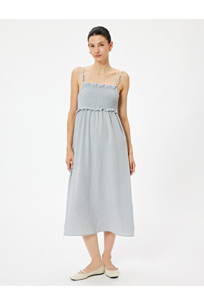 Koton İnce Askılı Midi Boy Fırfırlı Elbise Gipeli Boncuk Detaylı