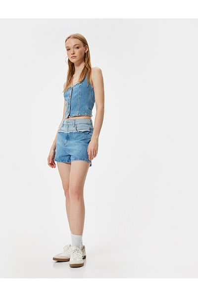 Koton Color Blocked Mini Denim Shorts - With Buttons and Pockets, Relaxed Fit