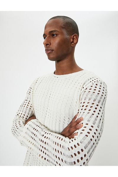 Koton Openwork Off-Shoulder Crew Neck Long Sleeve Sweater