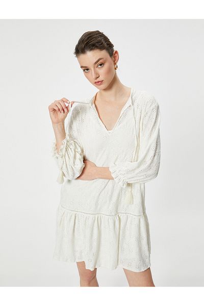 Koton Long Sleeve and Tie-Up Collar Scalloped Dress