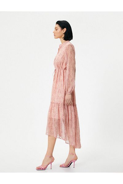 Koton Asymmetrisch geschnittenes Midi-Chiffonkleid – Schnürung an der Taille und Knopfdetail