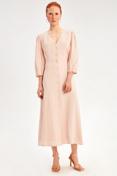 Perspective Freya Regular Fit V-neck Midi Length Powder Color Dress