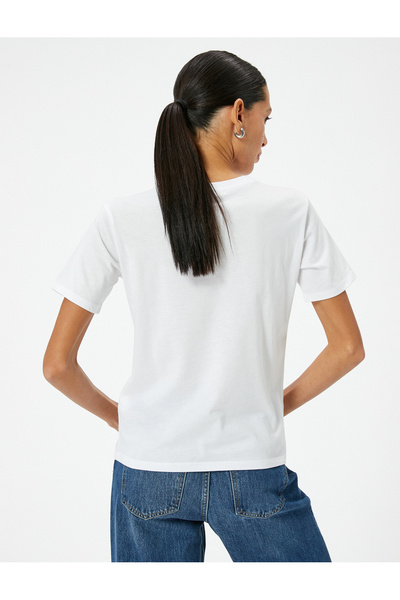 Koton Βαμβακερό μπλουζάκι με λαιμόκοψη με σλόγκαν, κοντό μανίκι