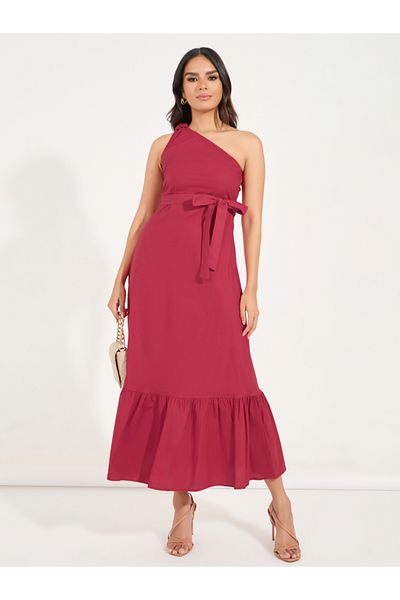 Styli Solid One Shoulder Maxi Dress with Waist Tie Detail