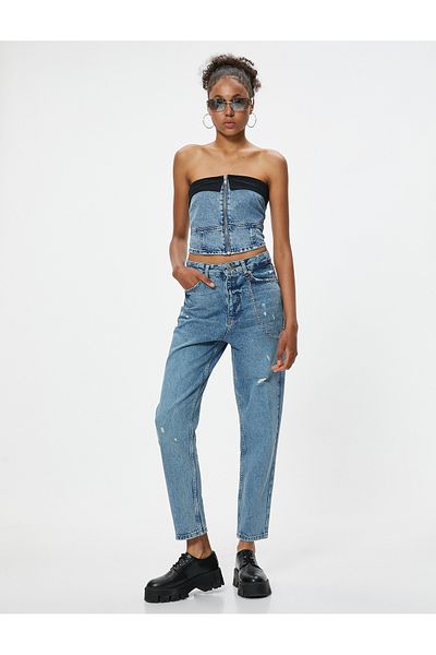 Koton Pantaloni din denim rupti cu talie standard, buzunare cu lanț, bumbac - Mom Jean