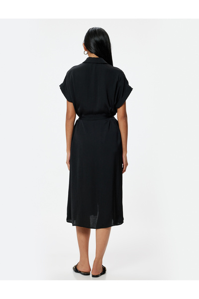 Koton Aerobin Saten Midi Boy Gömlek Elbise Kısa Kollu Kemerli Kloş Etek