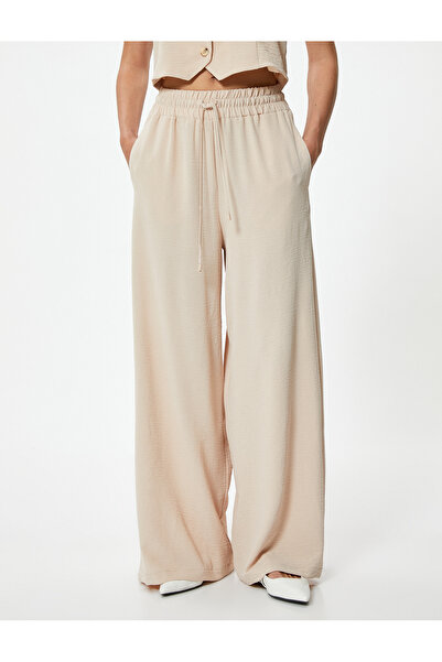 Koton Dökümlü Palazzo Pantolon Beli Lastikli Bağlamalı Cepli