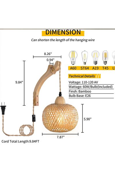 JOYINLED Eu Plug Wood - No Light -b Bamboo Lantern Wall Lamp Natural Rattan Wicker E27 Chandeliers Hand-woven