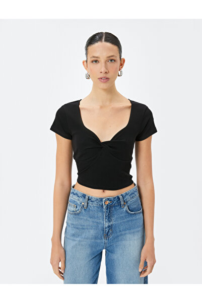 Koton Βαμβακερό μπλουζάκι με κοντομάνικο ασύμμετρο γιακά