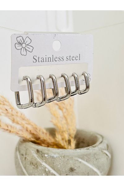 KOALA COMPANY Set of 3 Steel Silver Color Square Earrings 10-12-15 mm - Non-Darking No Alergy