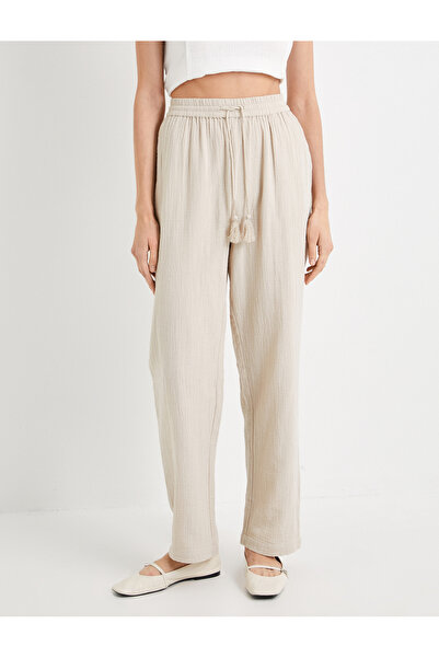 Koton Müslin Pantolon Beli Bağlamalı Cepli Pamuklu Normal Bel