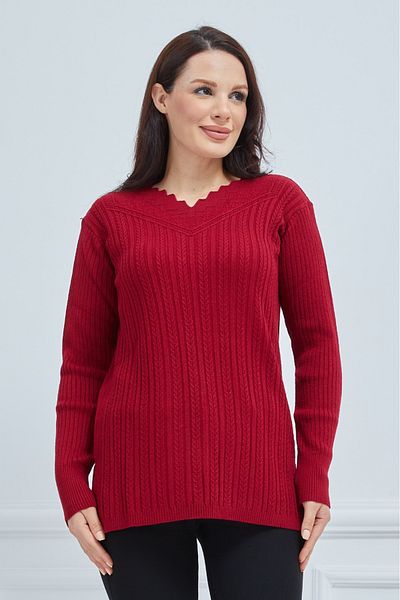 Elçelya Moda Elçelya Women's Red Knitwear V-Neck Winter Mother Stretchy Sweater