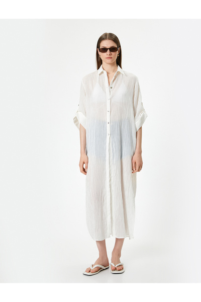 Koton Tesatura viscoză texturata cu mânecă 3/4 - Rochie cămașă lungă cu dungi, curbata