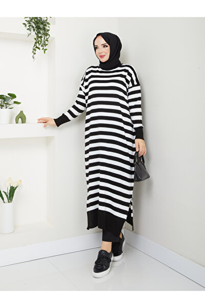 MODAMÜNASİP Υπέροχο ριγέ πλεκτό φόρεμα