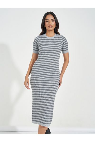 Styli Striped Knit Sweater Midi Dress