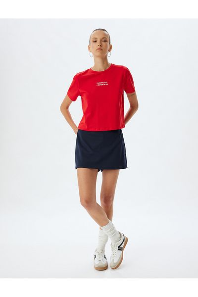 Koton Crew Neck Cotton Crop T-Shirt - Slogan Printed, Short Sleeve