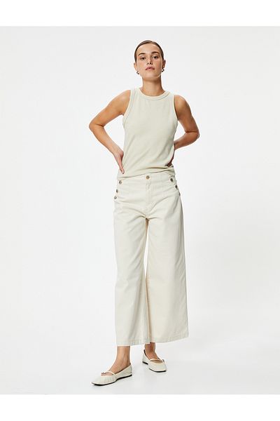 Koton High Waist Geknöpfte Crop Jeans Mit Weitem Bein - Bianca Wide Leg Jeans