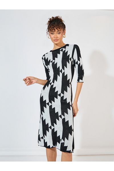Styli Geometric Print Knit Sweater Knee Length Dress