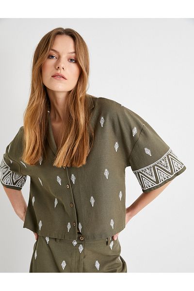 Koton Ethnic Patterned Short Sleeve Crop Shirt - Buttoned