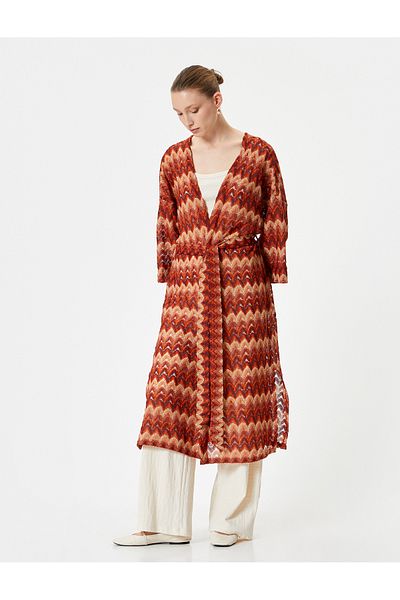 Koton Dlouhý Cardigan Kimono s páskem se širokým rukávem