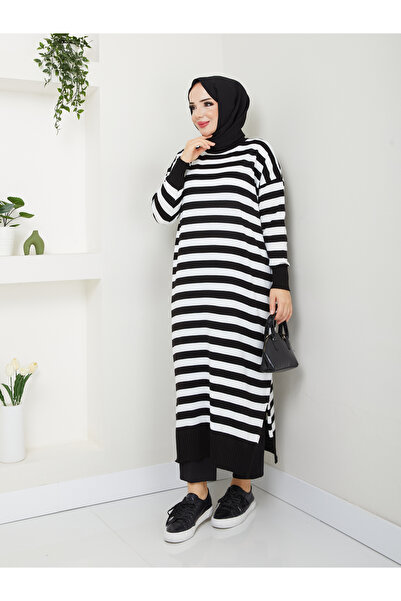 MODAMÜNASİP Υπέροχο ριγέ πλεκτό φόρεμα