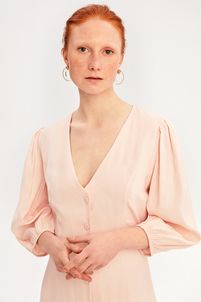 Perspective Freya Regular Fit V-neck Midi Length Powder Color Dress