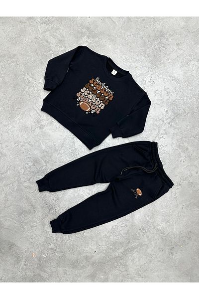 KAPROLLI Set de trening pentru copii, 100% bumbac, cu 3 fire, fără ridicare, cu gâtul turn, costum pentru școală pentru copii