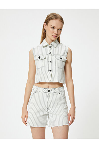 Koton Τζιν γιλέκο με άνετη εφαρμογή - Crop Crop, λεπτομέρεια τσέπης με κουμπιά, κλασικός γιακάς