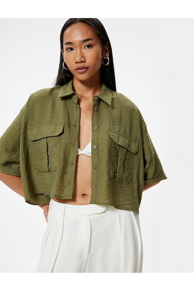 Koton Viscous Fabric - Oversize Crop Shirt με κοντό μανίκι και λεπτομέρεια τσέπης