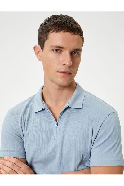 Koton Tricou din bumbac slim fit cu guler polo - cu jumătate de fermoar, mânecă scurtă