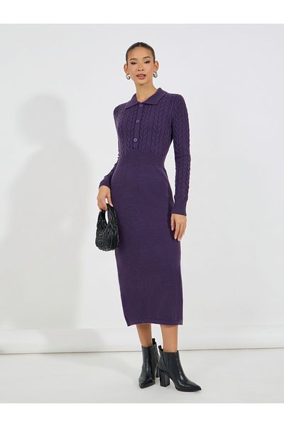 Styli Textured Cable Knit Collared Midi Dress