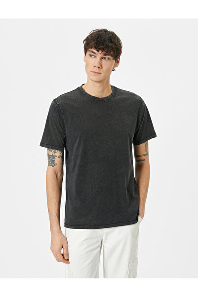 Koton Yıkamalı Tişört Slogan İşlemeli Bisiklet Yaka Kısa Kollu Pamuklu