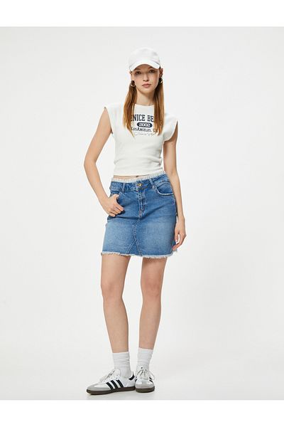 Koton Comfortable Cut Mini Denim Skirt - Double Waist and Button Detail