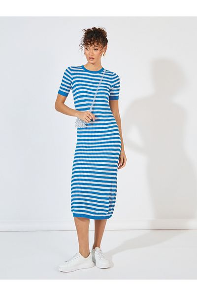 Styli Striped Knit Sweater Midi Dress