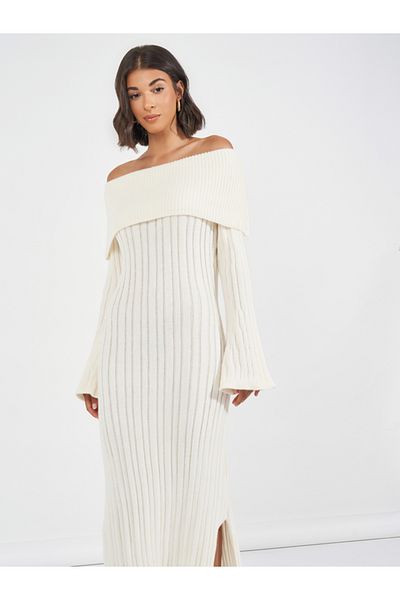 Styli Off Shoulder Neck Ribbed Knit Sweater Midi Dress