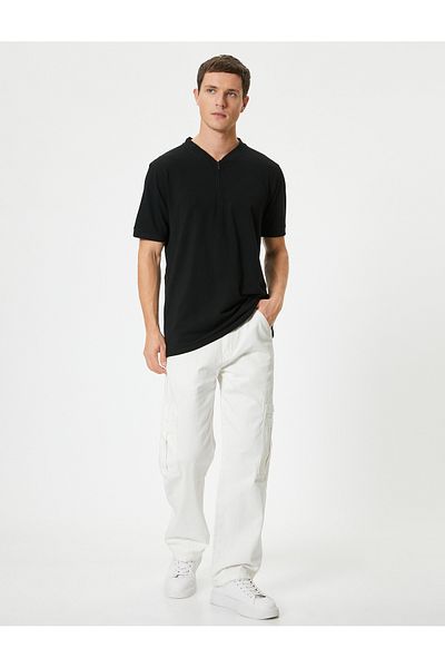 Koton T-Shirt με γιακά που επικρατεί σε λεπτή εφαρμογή - Μισό φερμουάρ, κοντό μανίκι