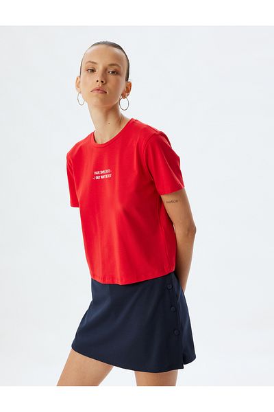 Koton Crew Neck Cotton Crop T-Shirt - Slogan Printed, Short Sleeve