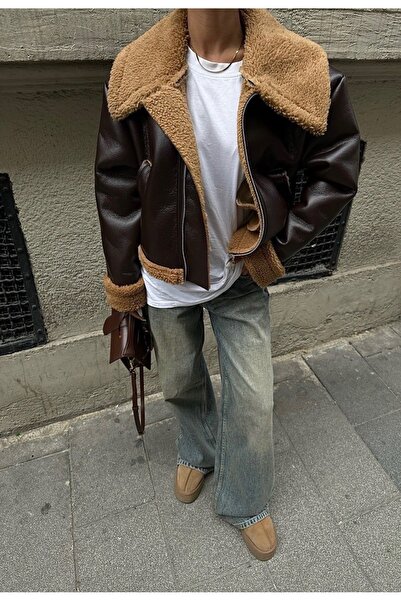 runwayin Kadın Kürklü Yandan Cepli Kahverengi Deri Mont